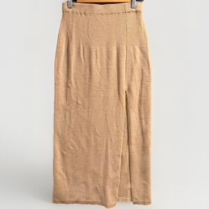 AMUR Wool Blend Rib Knit Midi Skirt Camel Tan Side Slit Pull On Womens M